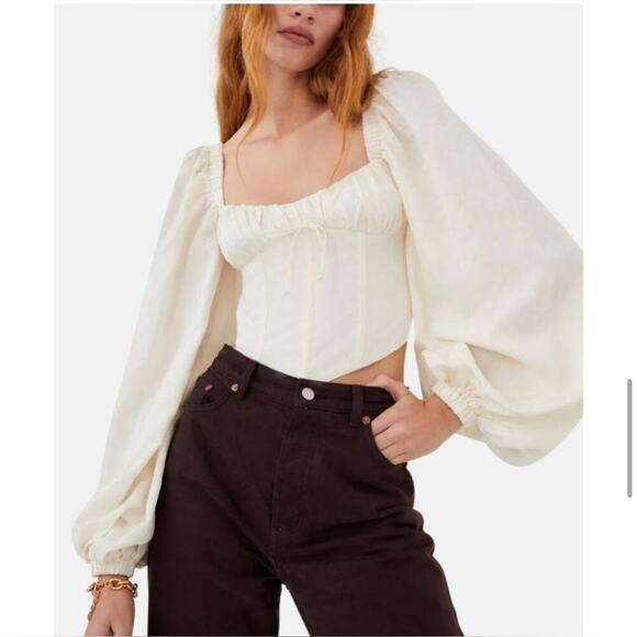 (XS) NWT $135 For Love And Lemons Janet Puffy Long Sleeve Ivory Corset Top - Picture 4 of 10
